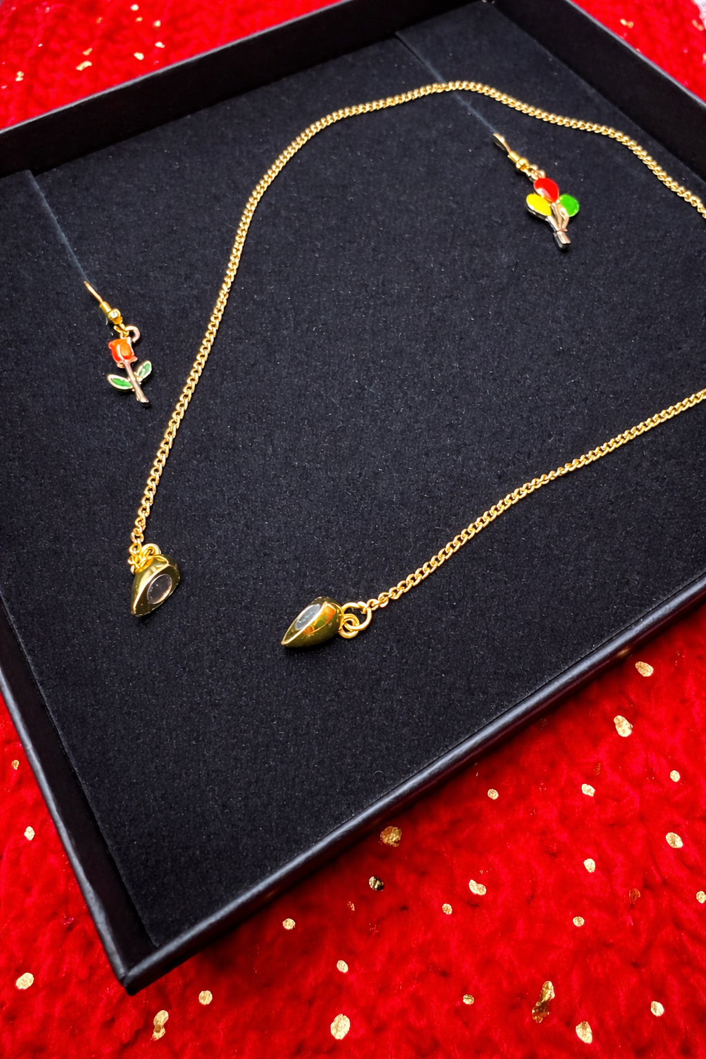 Heart style magnetic clasp Necklace and Earring set, Gift of love with flowers and balloons in it